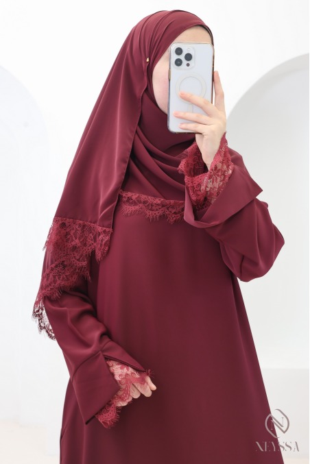 2-teiliges Set aus Abaya + Hijab aus Medina-Seide mit Spitze