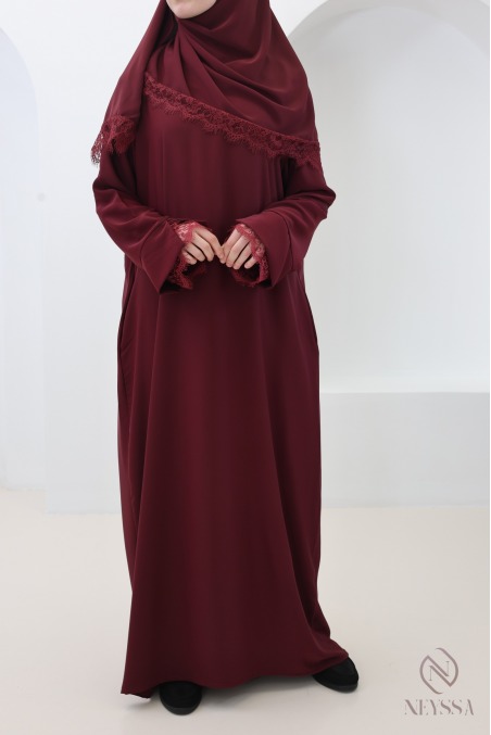 2-teiliges Set aus Abaya + Hijab aus Medina-Seide mit Spitze