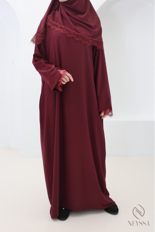 Ensemble 2 pièces Abaya + Hijab en Soie de Médine avec Dentelles