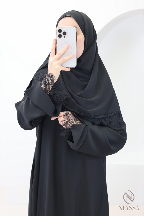 Ensemble 2 pièces Abaya + Hijab en Soie de Médine avec Dentelles