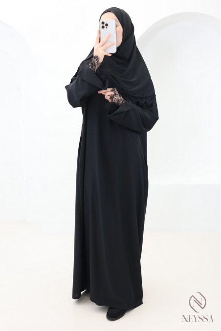 Ensemble 2 pièces Abaya + Hijab en Soie de Médine avec Dentelles