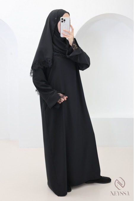Ensemble 2 pièces Abaya + Hijab en Soie de Médine avec Dentelles