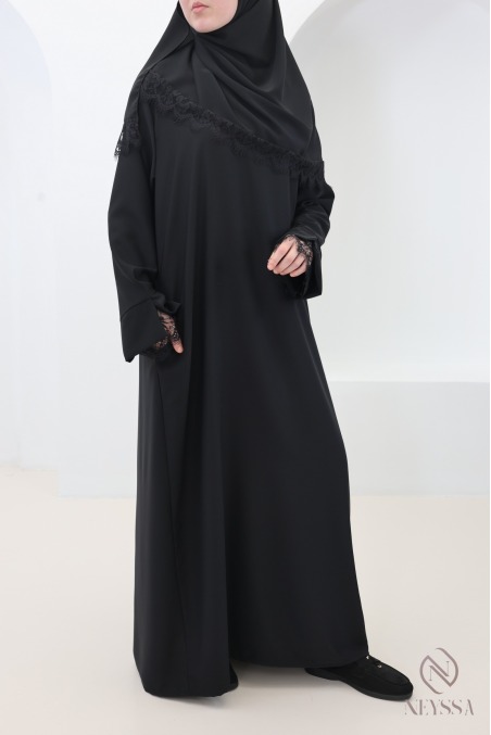 2-teiliges Set aus Abaya + Hijab aus Medina-Seide mit Spitze