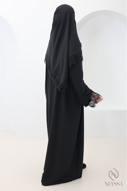 Ensemble 2 pièces Abaya + Hijab en Soie de Médine avec Dentelles