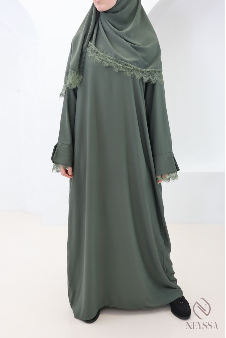 2-teiliges Set aus Abaya + Hijab aus Medina-Seide mit Spitze