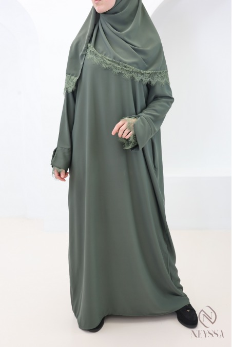 2-teiliges Set aus Abaya + Hijab aus Medina-Seide mit Spitze
