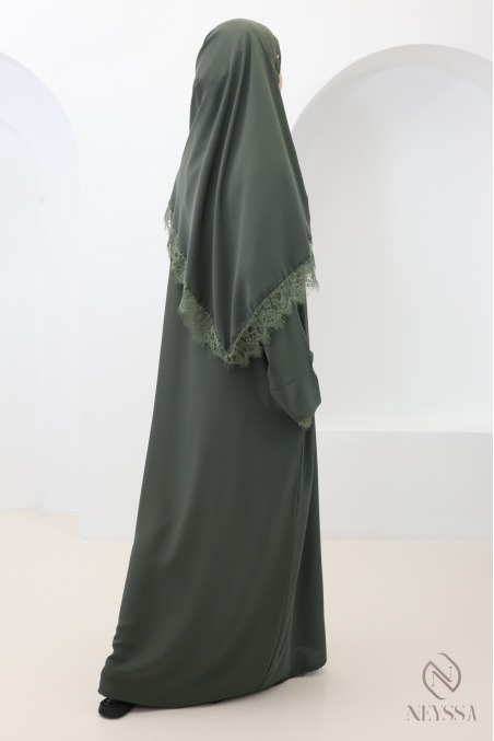 Ensemble 2 pièces Abaya + Hijab en Soie de Médine avec Dentelles