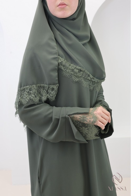 Ensemble 2 pièces Abaya + Hijab en Soie de Médine avec Dentelles