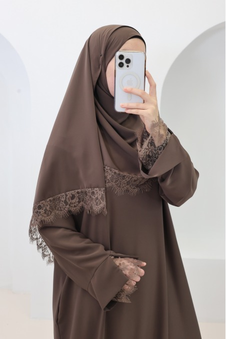 2-teiliges Set aus Abaya + Hijab aus Medina-Seide mit Spitze
