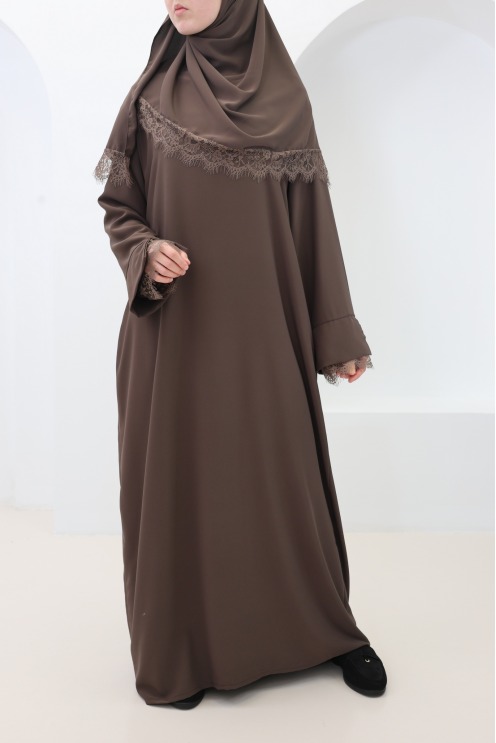 2-teiliges Set aus Abaya + Hijab aus Medina-Seide mit Spitze