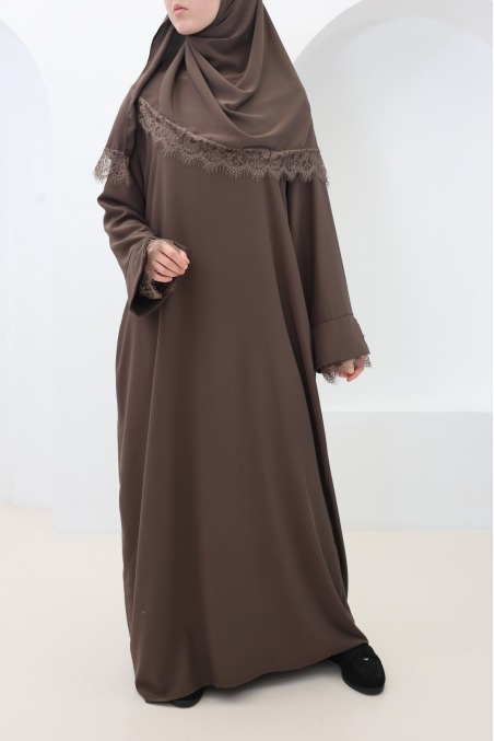 Ensemble 2 pièces Abaya + Hijab en Soie de Médine avec Dentelles