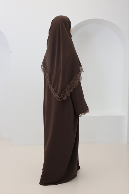 2-teiliges Set aus Abaya + Hijab aus Medina-Seide mit Spitze
