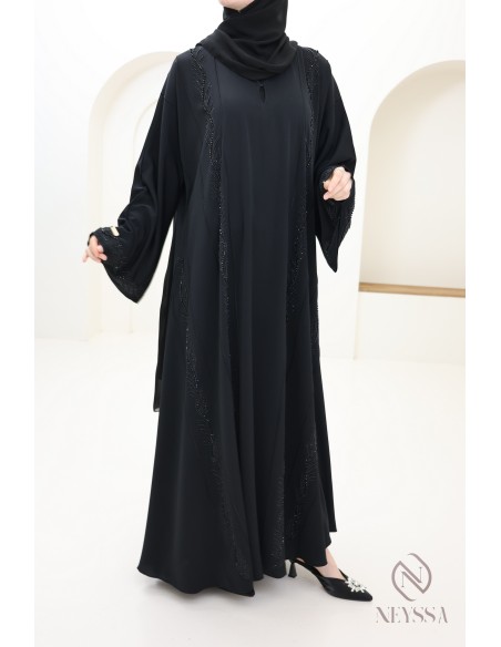 Abaya Dubaï noire femme voilée avec perles brodée et strass