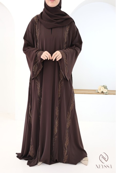 Glossy brown Dubai abaya for women, modern luxury hijabi for Eid