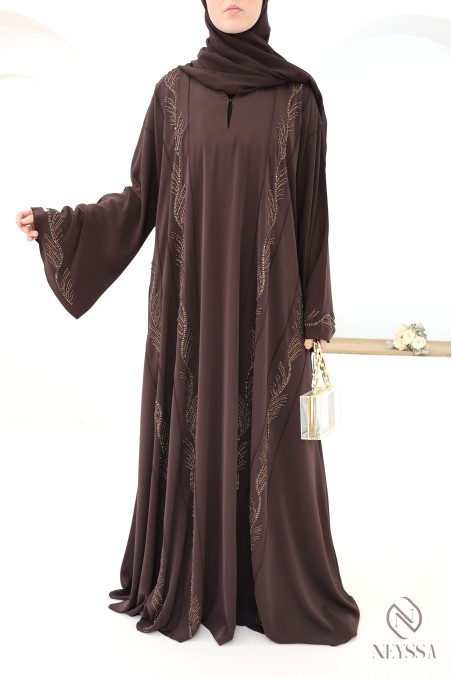 Abaya Dubaï marron glacé pour femme hijabi luxe moderne pour l'Aïd