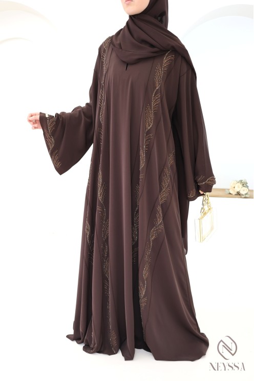 Glossy brown Dubai abaya for women, modern luxury hijabi for Eid