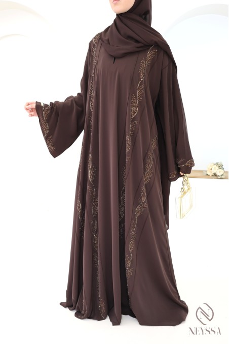 Abaya Dubaï marron glacé pour femme hijabi luxe moderne pour l'Aïd