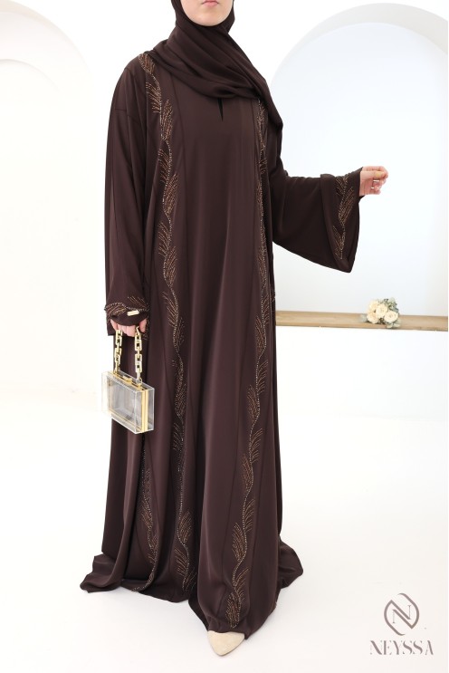 Glossy brown Dubai abaya for women, modern luxury hijabi for Eid