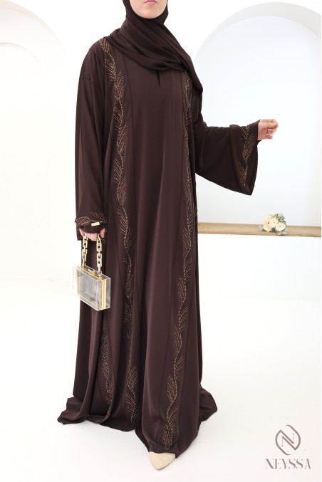 Abaya Dubai schwarz verschleierte Frau mit Perlenstickerei und Strass.