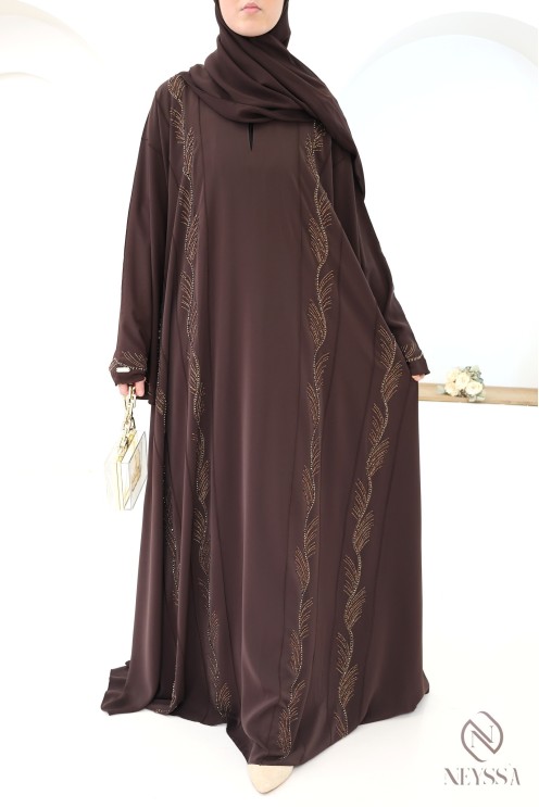 Abaya Dubai schwarz verschleierte Frau mit Perlenstickerei und Strass.
