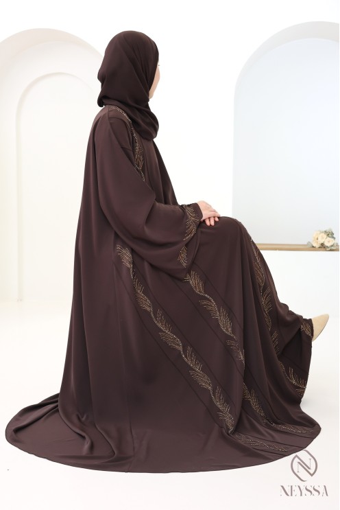 Glossy brown Dubai abaya for women, modern luxury hijabi for Eid