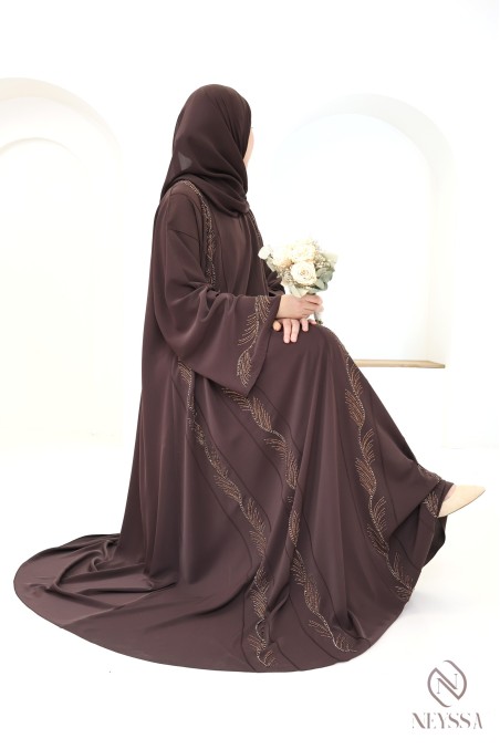 Glossy brown Dubai abaya for women, modern luxury hijabi for Eid