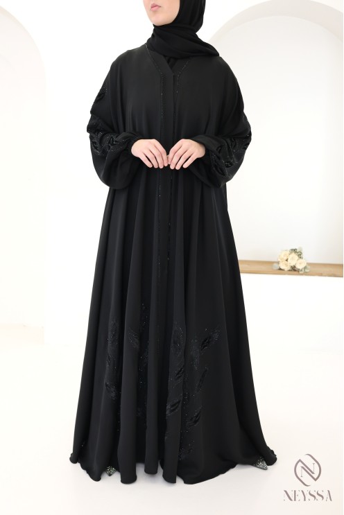 Dubai kimono abaya with rhinestones and floral embroidery in velvet