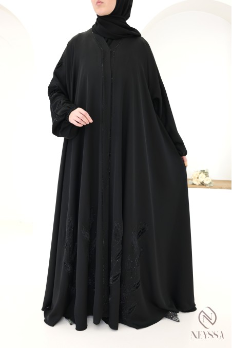 Abaya kimono Dubaï à strass et broderie florale en velours femme hijabi