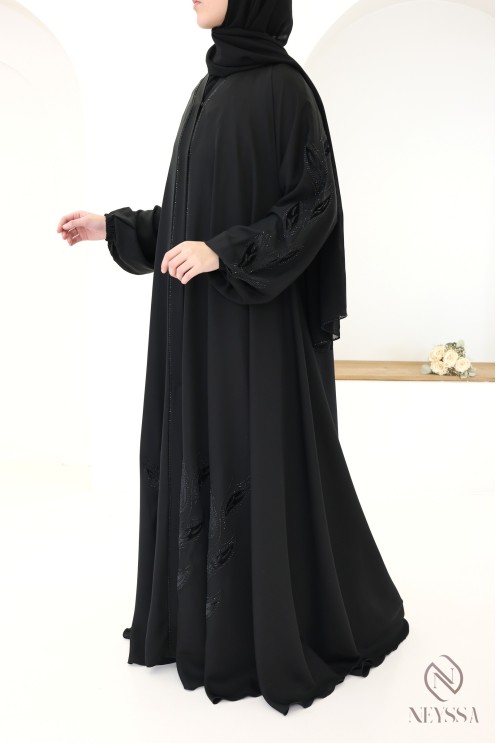 Abaya kimono Dubaï à strass et broderie florale en velours femme hijabi