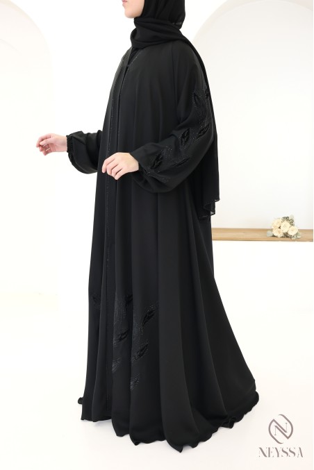 Abaya kimono Dubaï à strass et broderie florale en velours femme hijabi