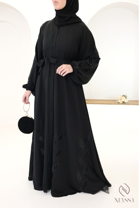 Dubai kimono abaya with rhinestones and floral embroidery in velvet