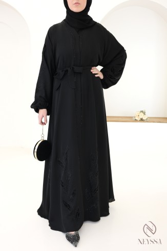 Dubai kimono abaya with rhinestones and floral embroidery in velvet
