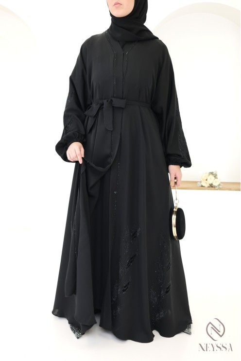 Dubai kimono abaya with rhinestones and floral embroidery in velvet