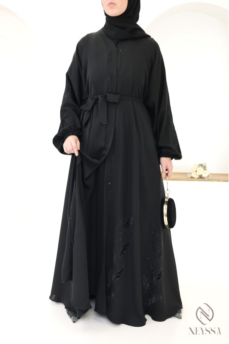 Dubai kimono abaya with rhinestones and floral embroidery in velvet