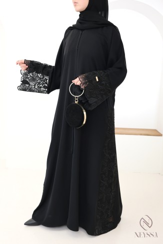 Abaya Dubaï kimono de luxe avec broderie tendance chic noir femme