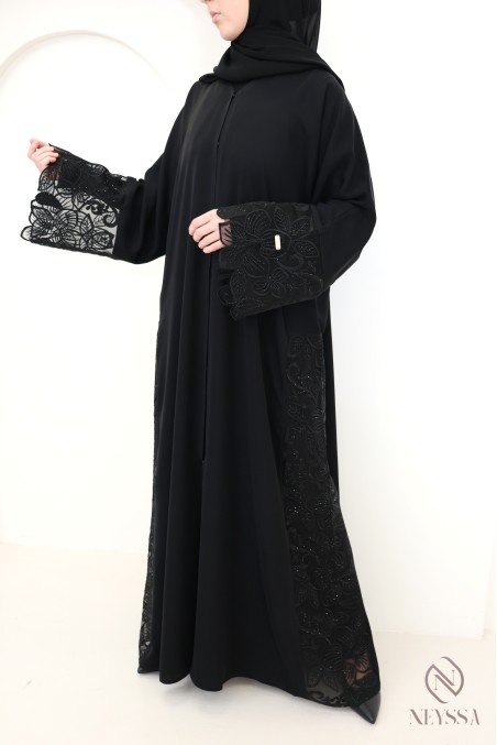 Abaya Dubaï kimono de luxe avec broderie tendance chic noir femme