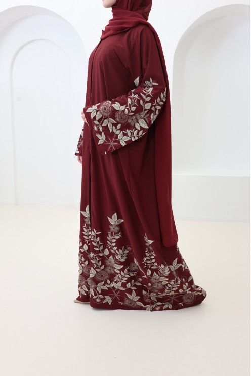Dubai abaya, burgundy kimono, Eid outfit, trendy embroidered abaya