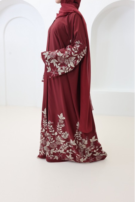Dubai abaya, burgundy kimono, Eid outfit, trendy embroidered abaya
