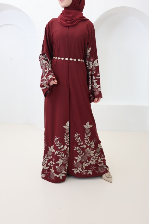 Abaya Dubaï kimono bordeaux tenue de l'Aïd, abaya brodée tendance