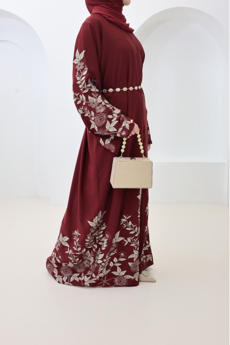 Abaya Dubaï kimono bordeaux tenue de l'Aïd, abaya brodée tendance