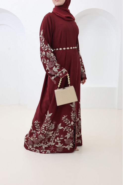 Dubai-Abaya, bordeauxroter Kimono, Eid-Outfit, trendige Abaya