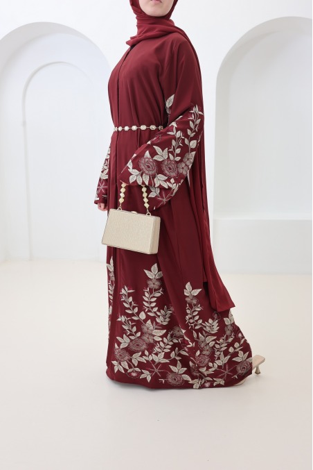Abaya Dubaï kimono bordeaux tenue de l'Aïd, abaya brodée tendance