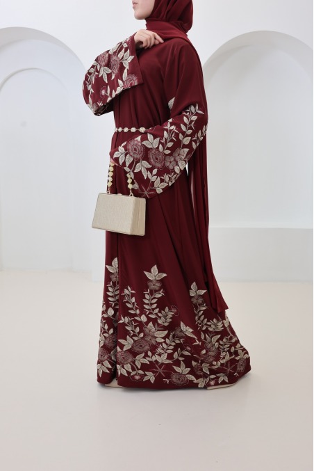 Dubai abaya, burgundy kimono, Eid outfit, trendy embroidered abaya