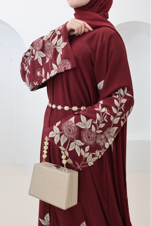 Dubai-Abaya, bordeauxroter Kimono, Eid-Outfit, trendige Abaya