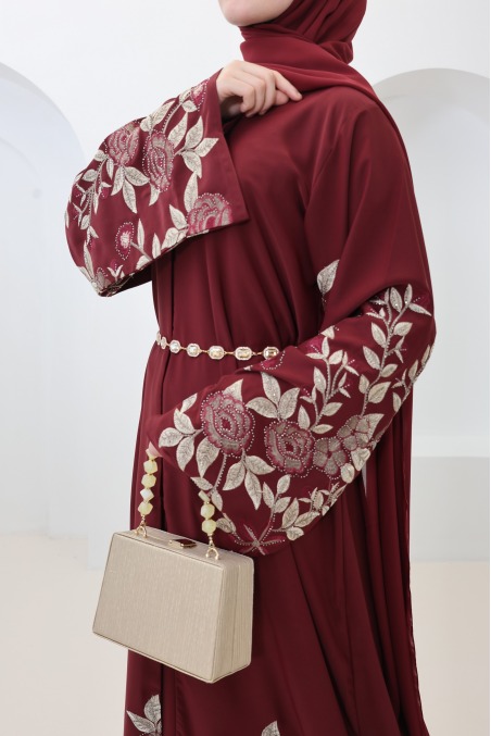 Abaya Dubaï kimono bordeaux tenue de l'Aïd, abaya brodée tendance