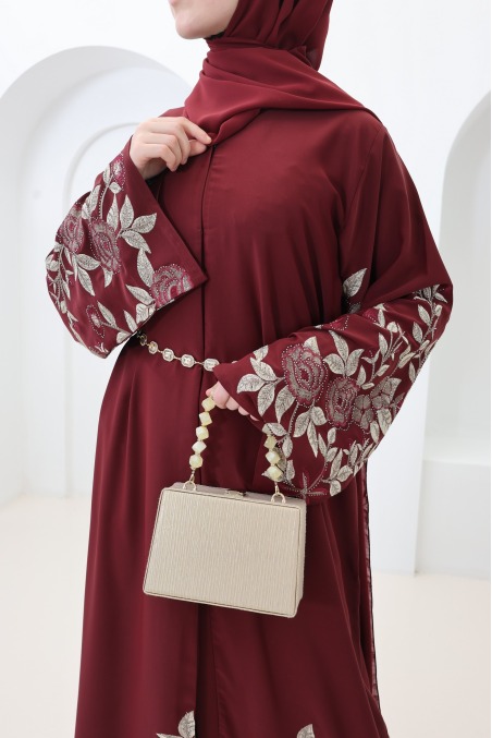 Dubai-Abaya, bordeauxroter Kimono, Eid-Outfit, trendige Abaya