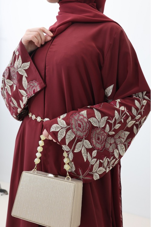 Dubai abaya, burgundy kimono, Eid outfit, trendy embroidered abaya