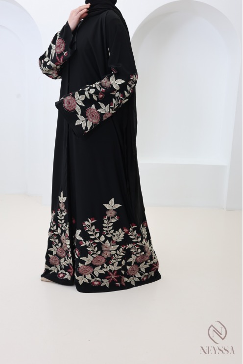 Abaya Dubaï kimono noir avec broderie florale et strass pour l'Aïd