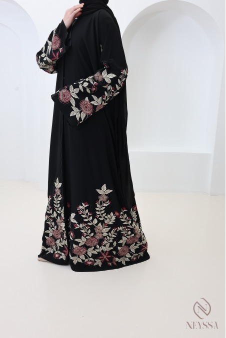 Black Dubai kimono abaya with floral embroidery, rhinestones for Eid