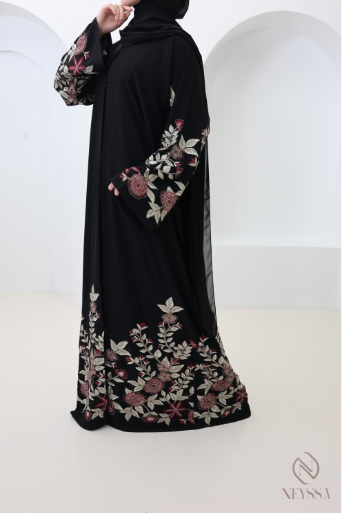 Schwarzer Kimono-Abaya aus Dubai mit Blumenstickerei und Strass Eid